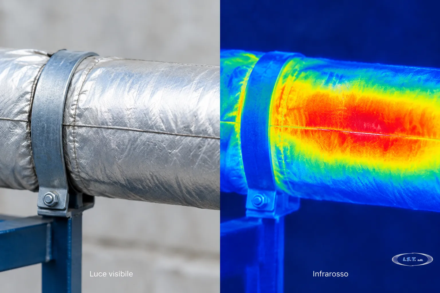 Confronto affiancato tra una tubazione coibentata in luce visibile e la stessa in immagine termica infrarossa